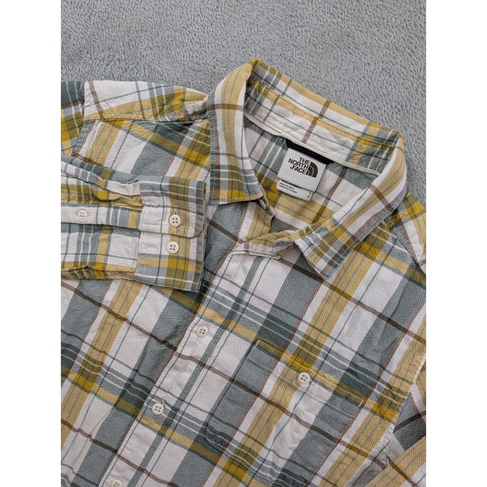 The North Face Men Small Plaid Button Down Shirt Yellow Green Cotton Long Sleeve